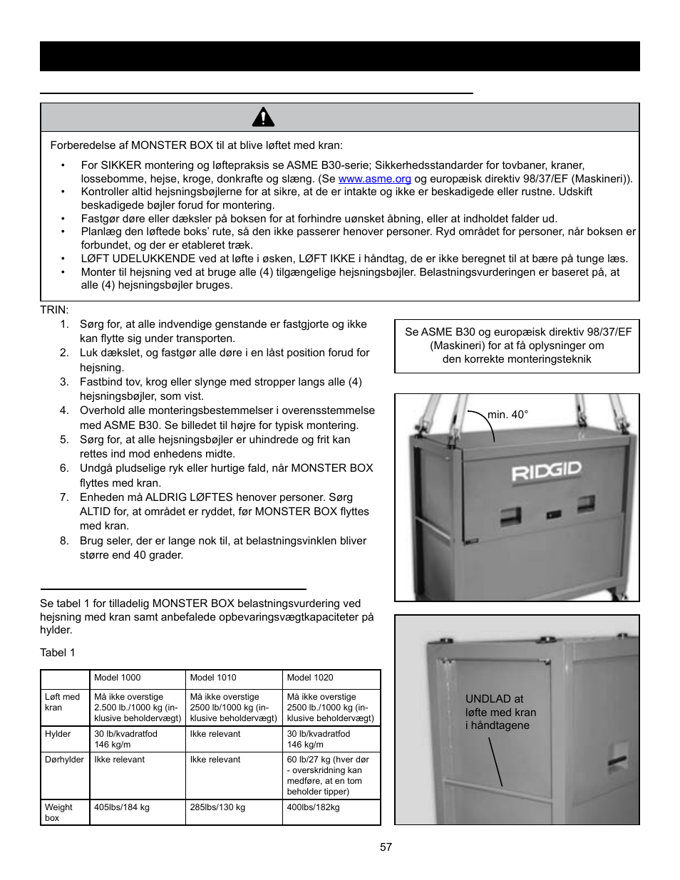 Advarsel, Anbefalede belastningsvurderinger | RIDGID MONSTER BOX User Manual | Page 59 / 124