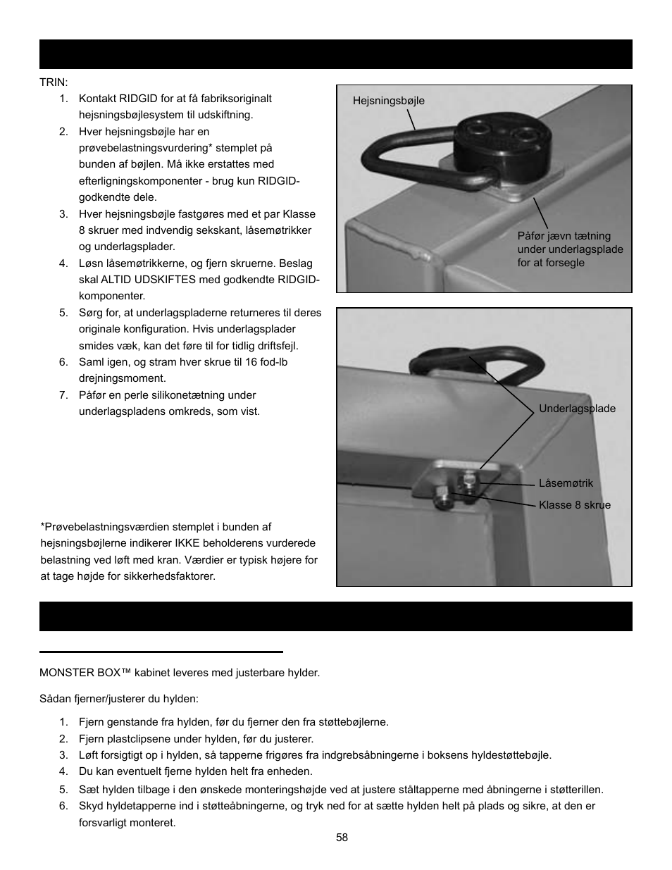 Hyldejustering: (kun model 1020), Hyldevejledning udskiftning af hejsningsbøjler | RIDGID MONSTER BOX User Manual | Page 60 / 124