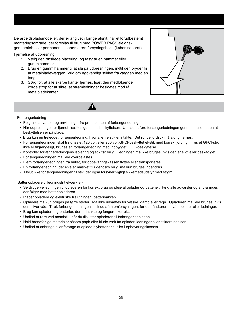 Advarsel, Power pass™ elektrisk gennemløb (inkluderet), Opladning af elværktøj i monster box | RIDGID MONSTER BOX User Manual | Page 61 / 124