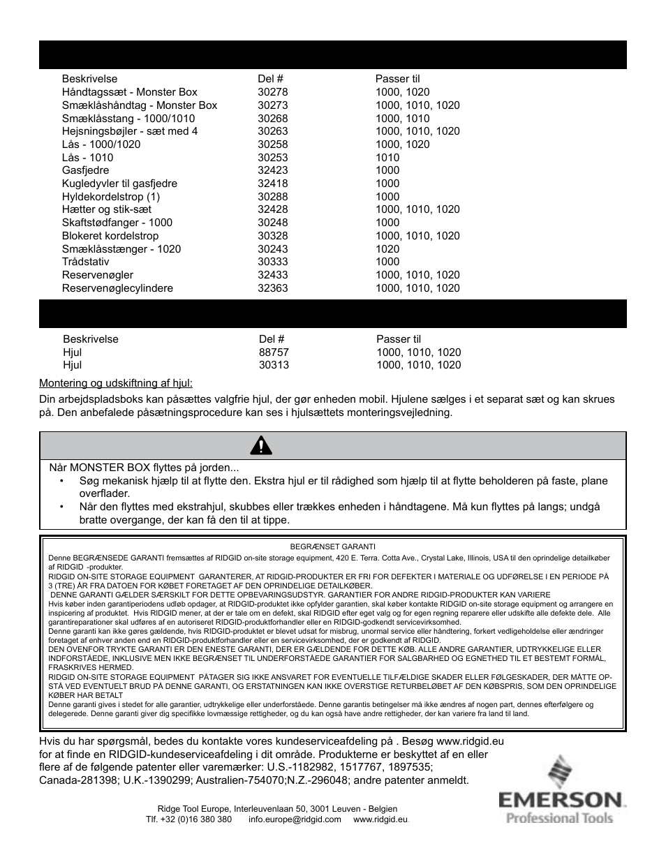 Advarsel, Reservedele, Ekstraudstyr | RIDGID MONSTER BOX User Manual | Page 62 / 124