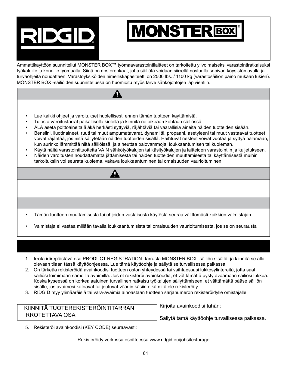 Vaara huomautus, Varoitus, Käyttöohje ja korjausosat | Rekisteröi tuotteesi ja avainkoodisi | RIDGID MONSTER BOX User Manual | Page 63 / 124