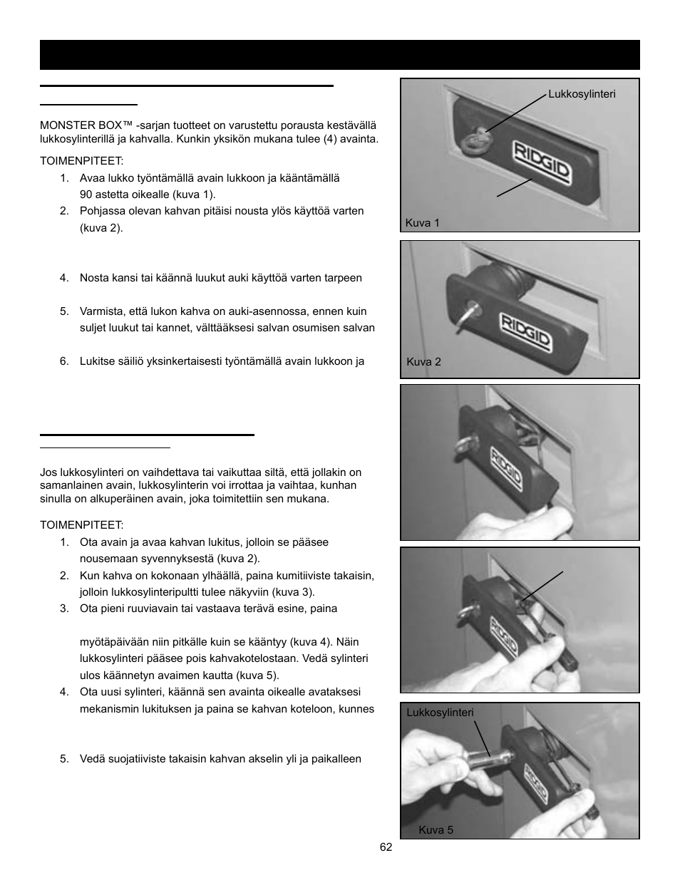 Lukkosylinterin vaihtaminen, Monster box™ -säiliön lukitseminen/ turvaaminen, Lukitsemisohjeet | RIDGID MONSTER BOX User Manual | Page 64 / 124