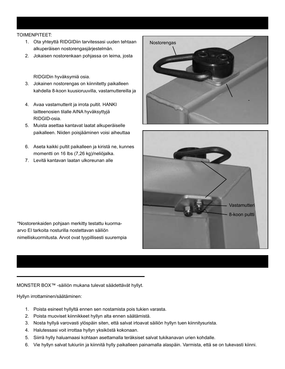 Hyllyjen säätäminen: (vain mallissa 1020), Hyllyn ohjeet nostorenkaiden vaihtaminen | RIDGID MONSTER BOX User Manual | Page 66 / 124