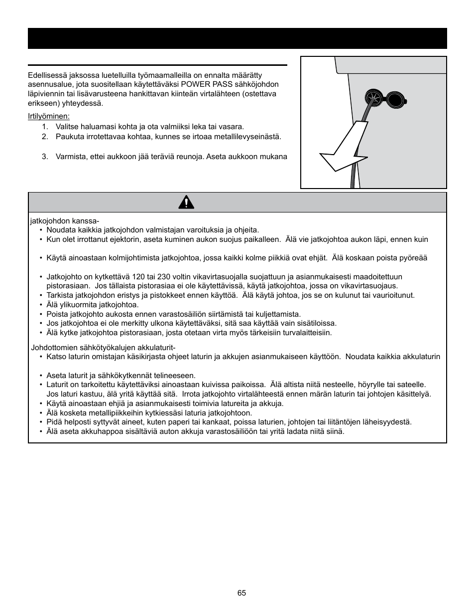 Varoitus, Power pass™ sähköjohdon läpivienti (mukana) | RIDGID MONSTER BOX User Manual | Page 67 / 124