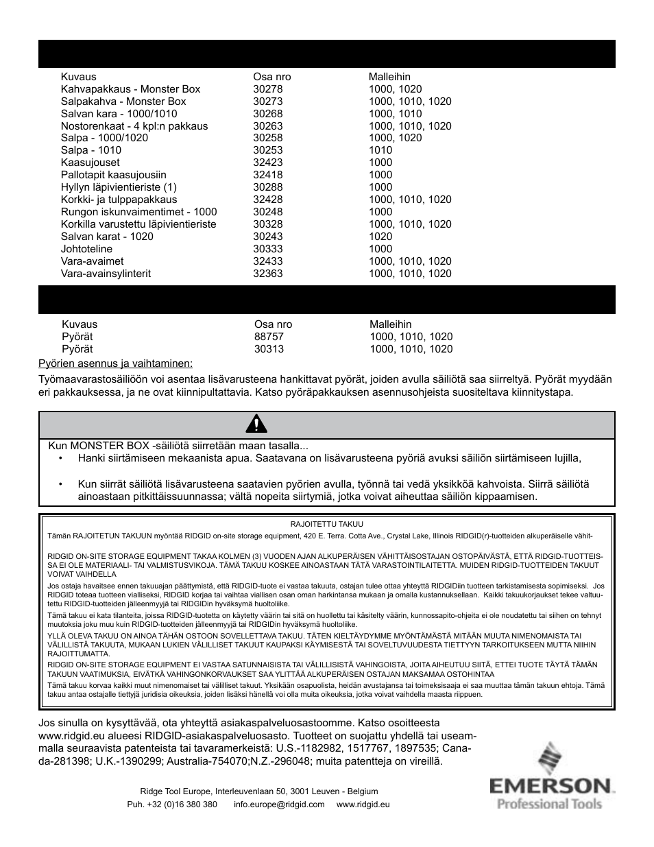 Varoitus, Varaosat, Lisävarusteet | RIDGID MONSTER BOX User Manual | Page 68 / 124