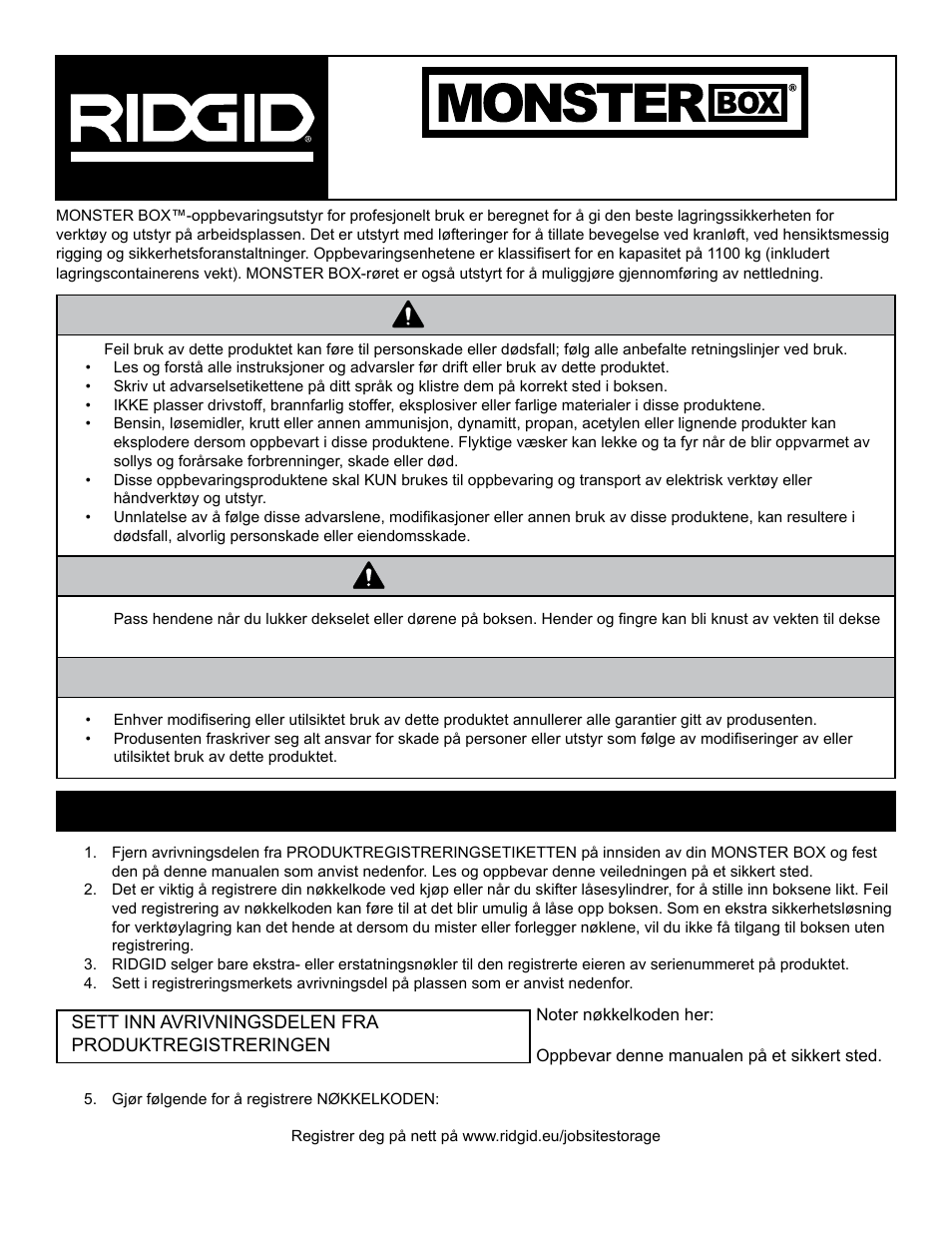 Fare merknad, Advarsel, Bruker- og reservedelsveiledning | Registrer produkt og nøkkelkode | RIDGID MONSTER BOX User Manual | Page 69 / 124