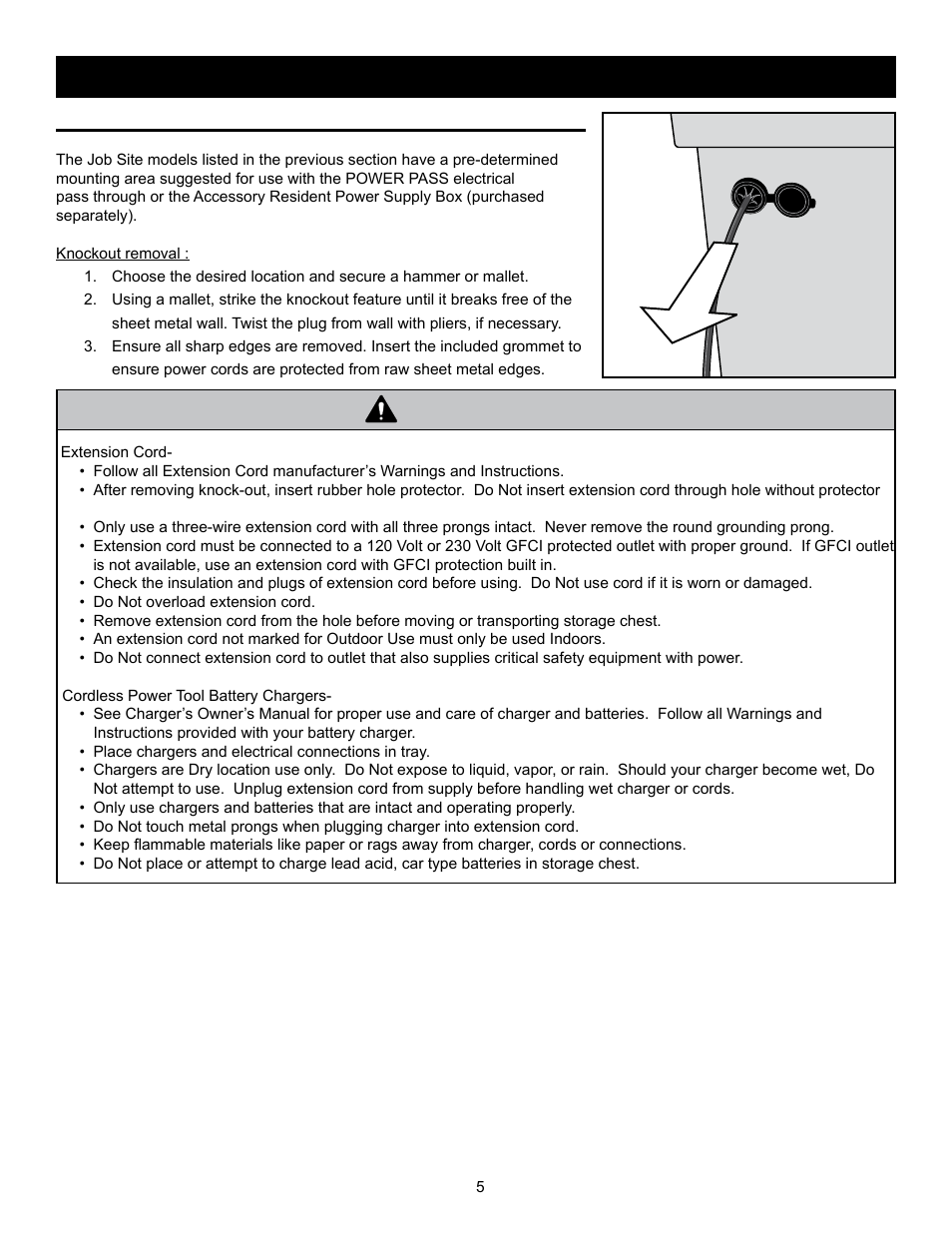 Warning, Power pass™ electrical pass through (included), Recharging power tools in your monster box | RIDGID MONSTER BOX User Manual | Page 7 / 124