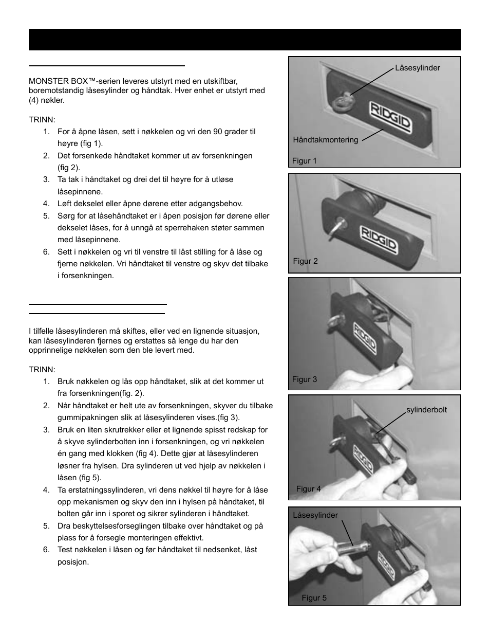 Utskifting av låsesylinder, Låse/feste monster box, Låseinstruksjoner | RIDGID MONSTER BOX User Manual | Page 70 / 124