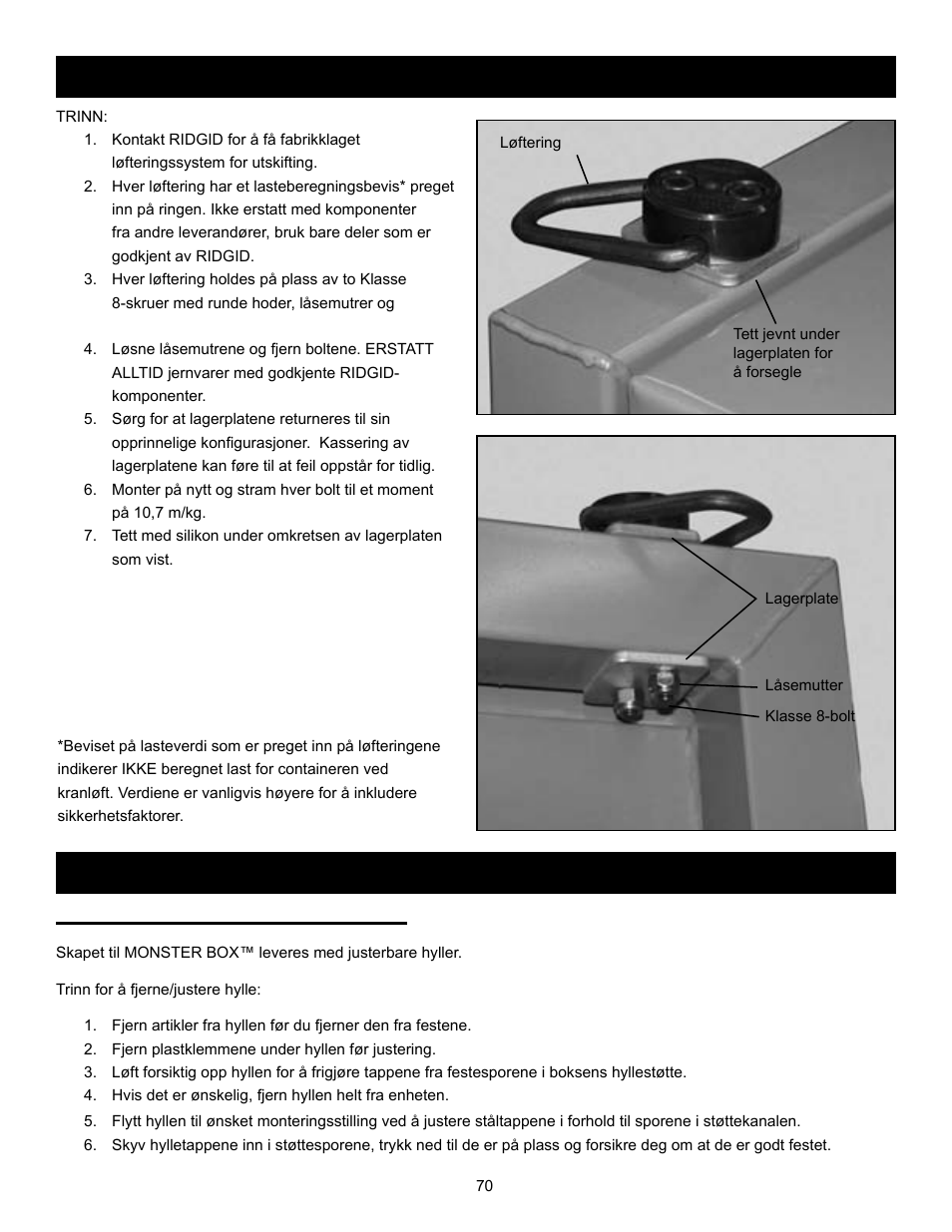 Hyllejustering: (bare modell 1020), Hylleinstruksjoner utskifting av løfteringer | RIDGID MONSTER BOX User Manual | Page 72 / 124