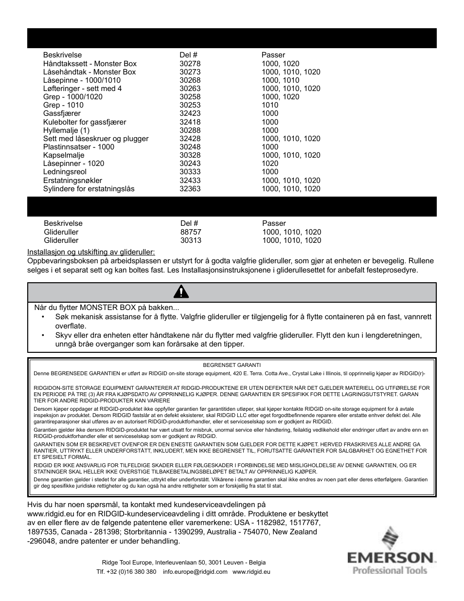 Advarsel, Reservedeler, Tilbehør | RIDGID MONSTER BOX User Manual | Page 74 / 124