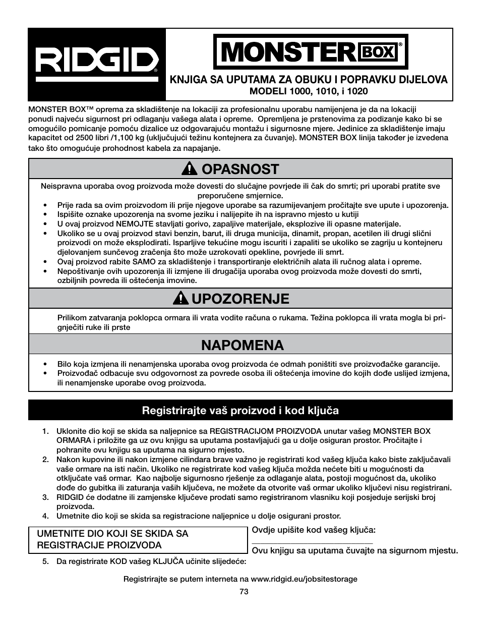 Opasnost napomena, Upozorenje, Knjiga sa uputama za obuku i popravku dijelova | Registrirajte vaš proizvod i kod ključa | RIDGID MONSTER BOX User Manual | Page 75 / 124