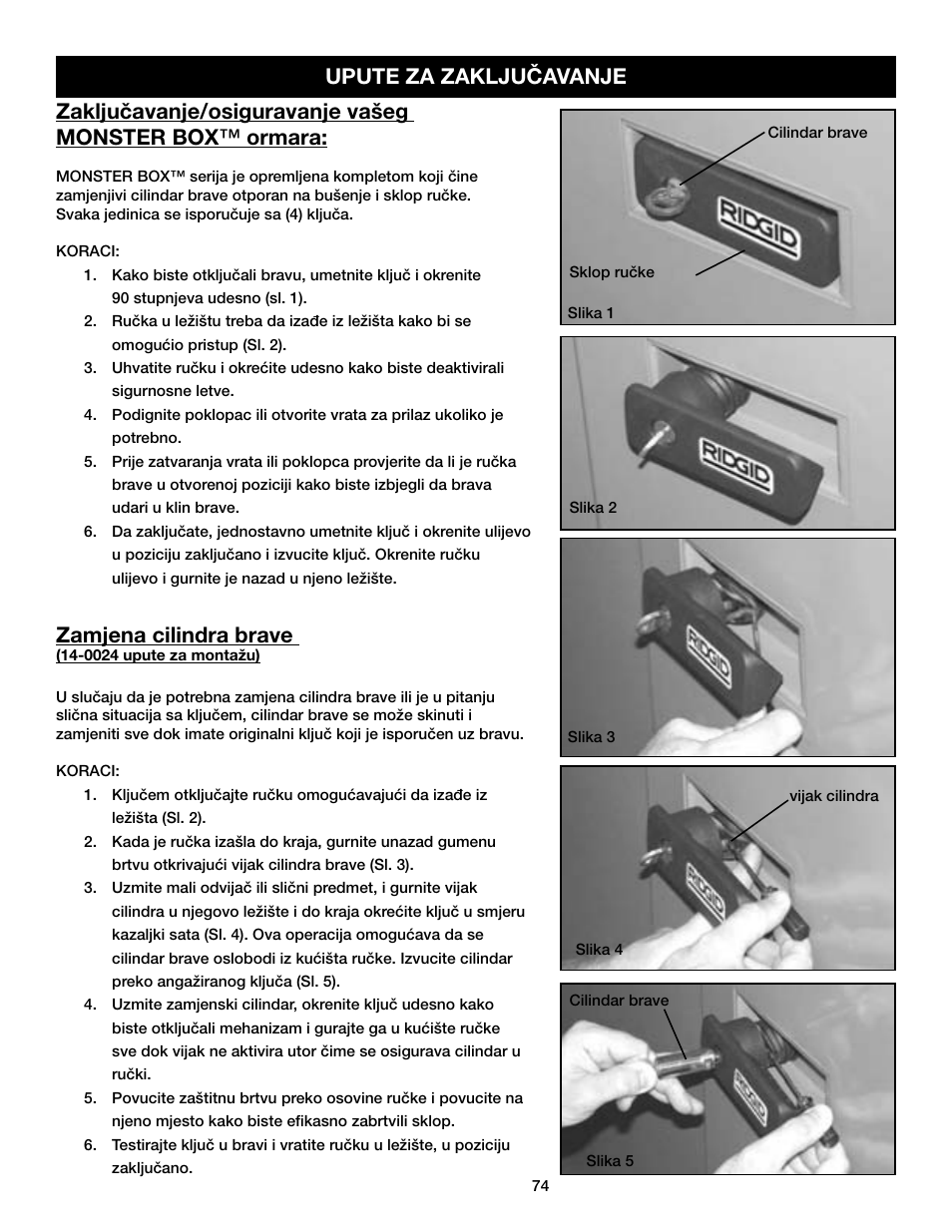 Zamjena cilindra brave, Upute za zaključavanje | RIDGID MONSTER BOX User Manual | Page 76 / 124