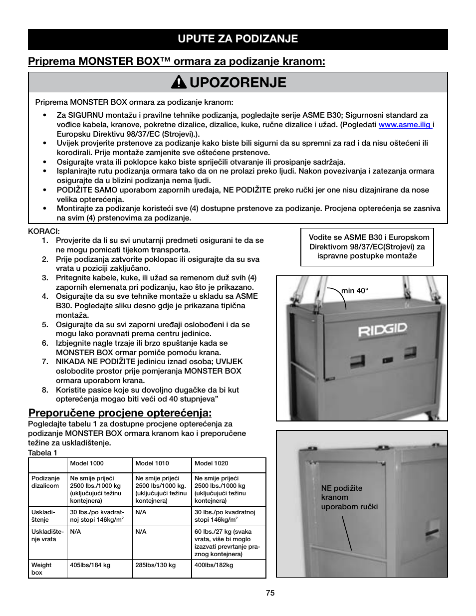 Upozorenje, Preporučene procjene opterećenja | RIDGID MONSTER BOX User Manual | Page 77 / 124