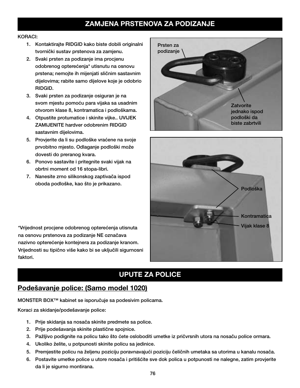 Podešavanje police: (samo model 1020), Upute za police zamjena prstenova za podizanje | RIDGID MONSTER BOX User Manual | Page 78 / 124