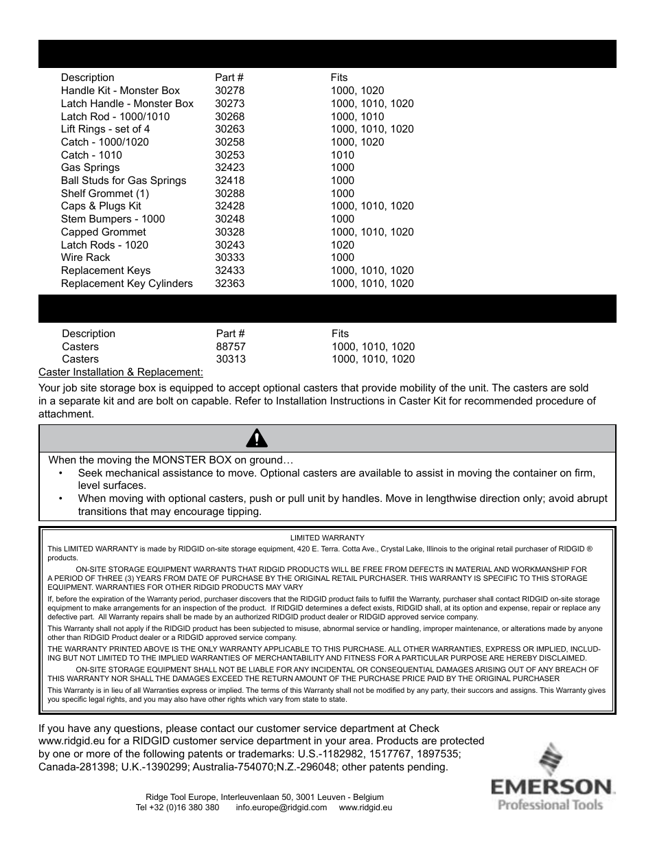 Warning, Replacement parts, Accessories | RIDGID MONSTER BOX User Manual | Page 8 / 124