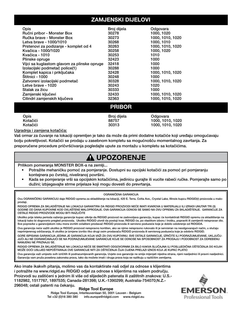 Upozorenje, Zamjenski dijelovi, Pribor | RIDGID MONSTER BOX User Manual | Page 80 / 124