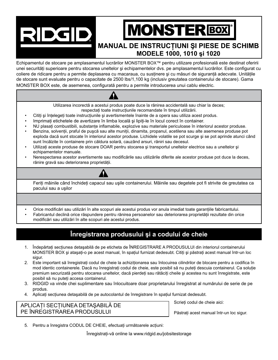 Pericol notificare, Avertisment, Manual de instrucţiuni şi piese de schimb | Înregistrarea produsului şi a codului de cheie | RIDGID MONSTER BOX User Manual | Page 81 / 124