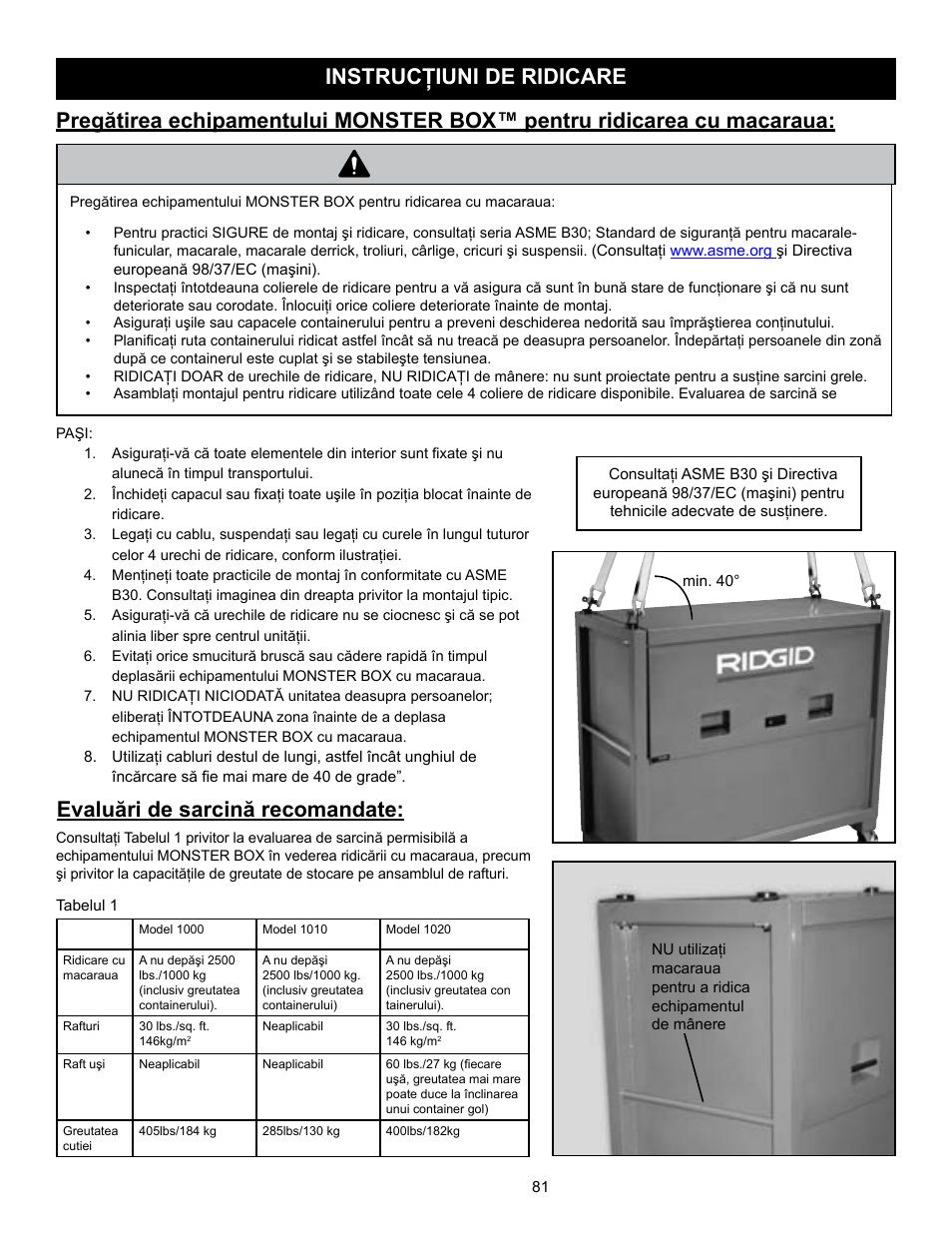 Avertisment, Evaluări de sarcină recomandate | RIDGID MONSTER BOX User Manual | Page 83 / 124