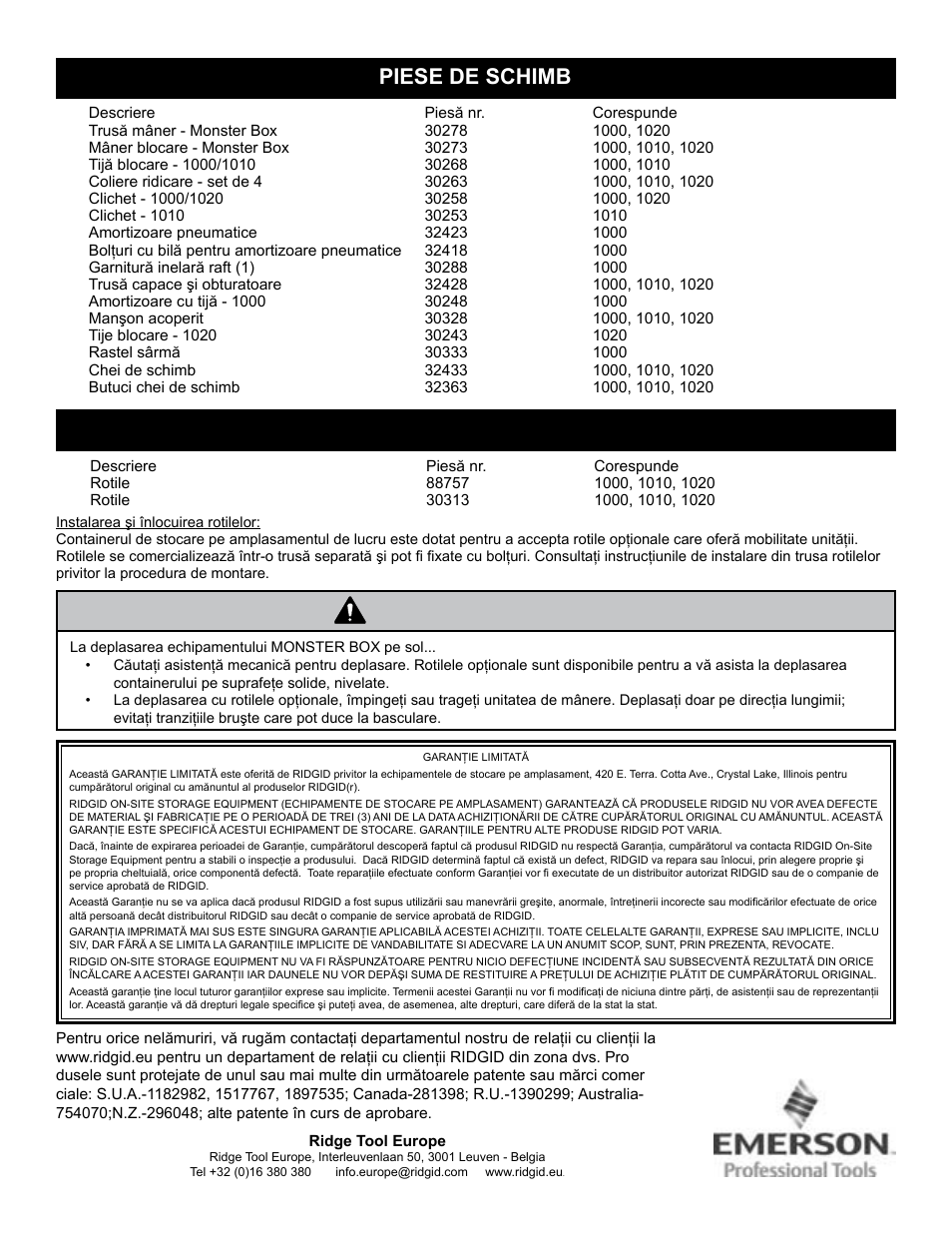 Avertisment, Piese de schimb, Accesorii | RIDGID MONSTER BOX User Manual | Page 86 / 124