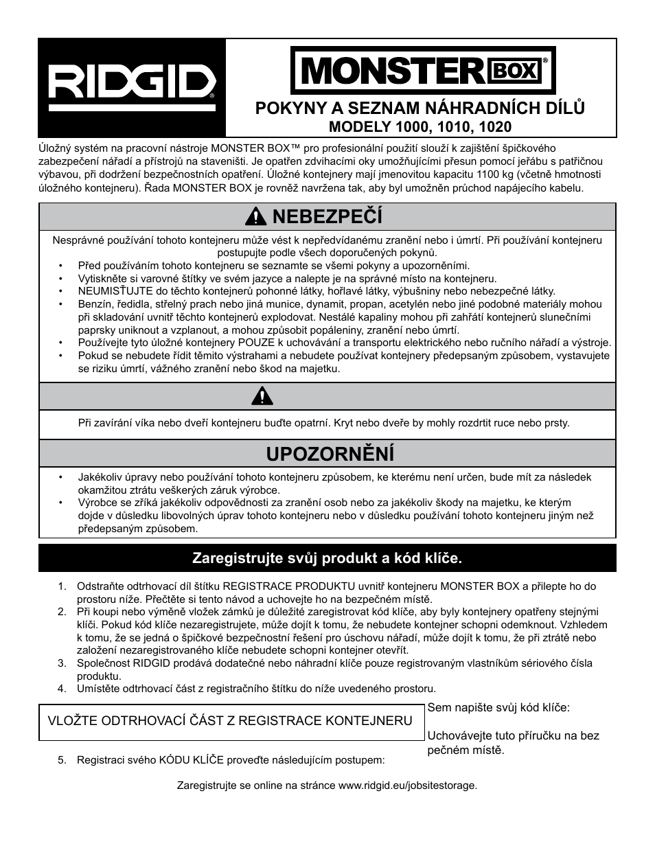 Nebezpečí upozornění, Výstraha, Pokyny a seznam náhradních dílů | Zaregistrujte svůj produkt a kód klíče | RIDGID MONSTER BOX User Manual | Page 87 / 124