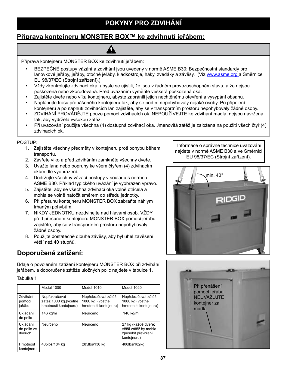 Výstraha, Doporučená zatížení | RIDGID MONSTER BOX User Manual | Page 89 / 124