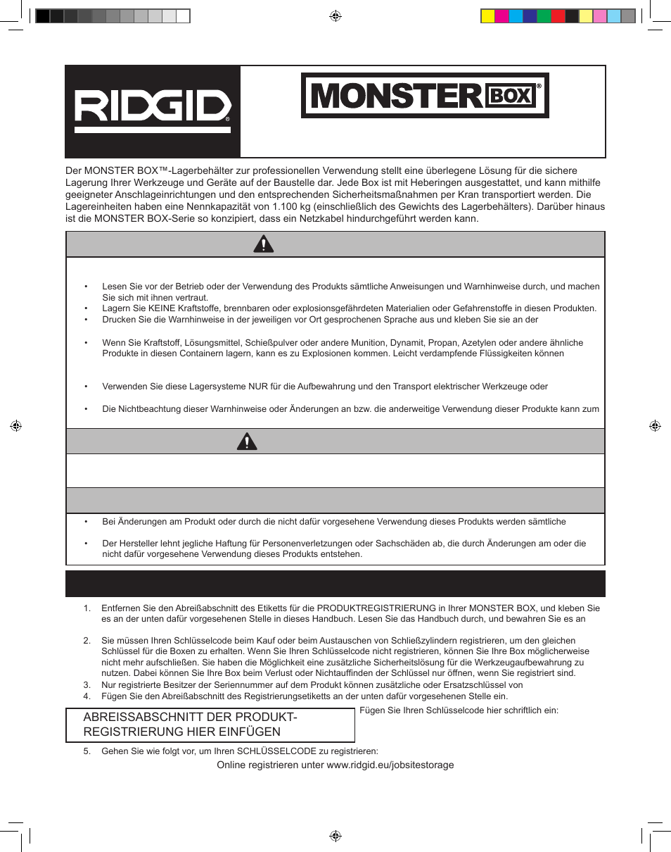 Warnung hinweis, Warnhinweis | RIDGID MONSTER BOX User Manual | Page 9 / 124