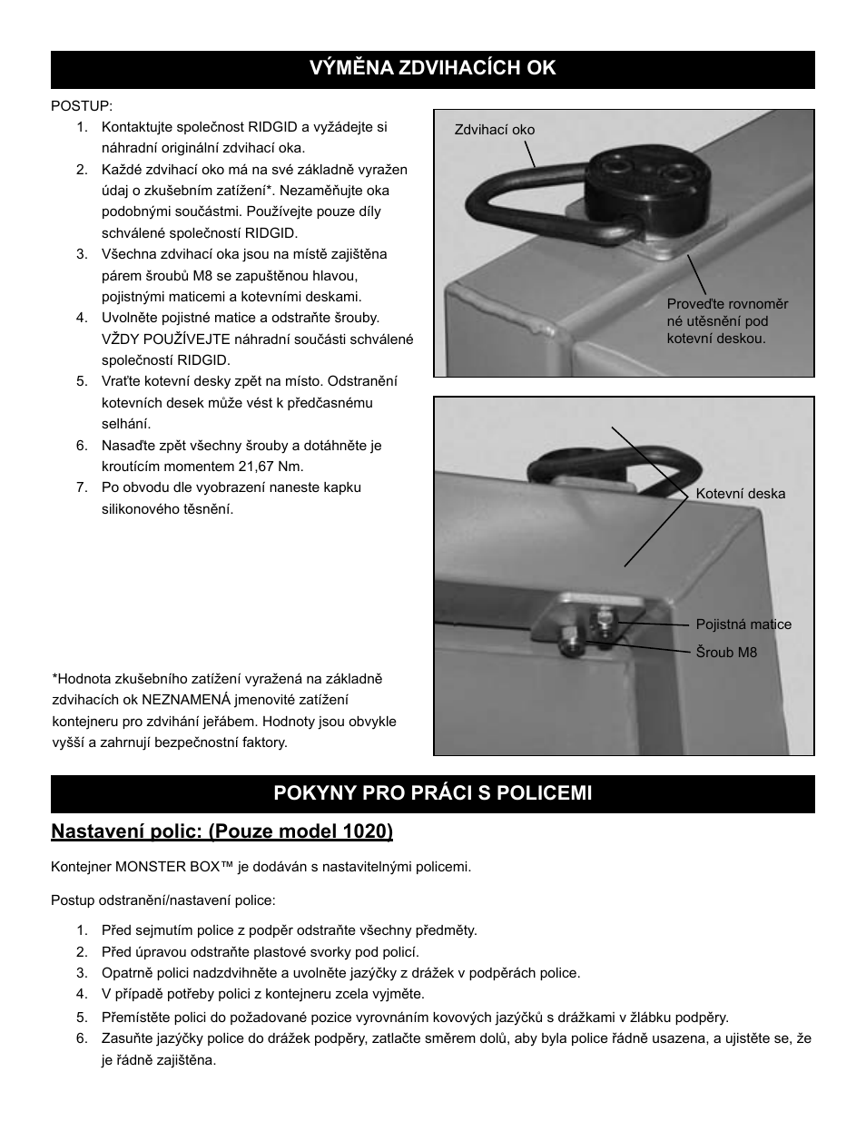 Nastavení polic: (pouze model 1020), Pokyny pro práci s policemi výměna zdvihacích ok | RIDGID MONSTER BOX User Manual | Page 90 / 124