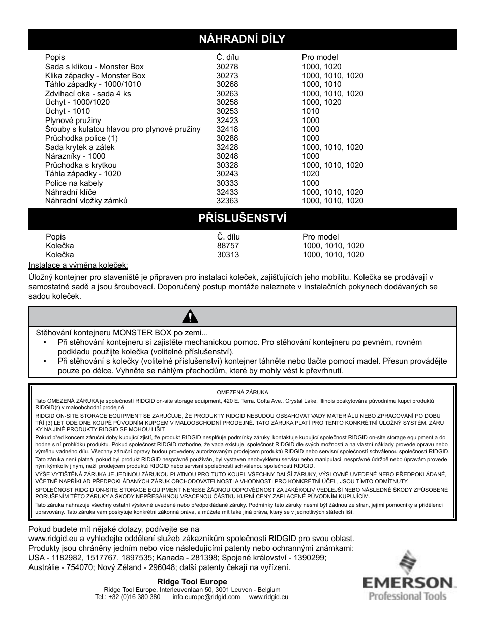 Výstraha, Náhradní díly, Příslušenství | RIDGID MONSTER BOX User Manual | Page 92 / 124