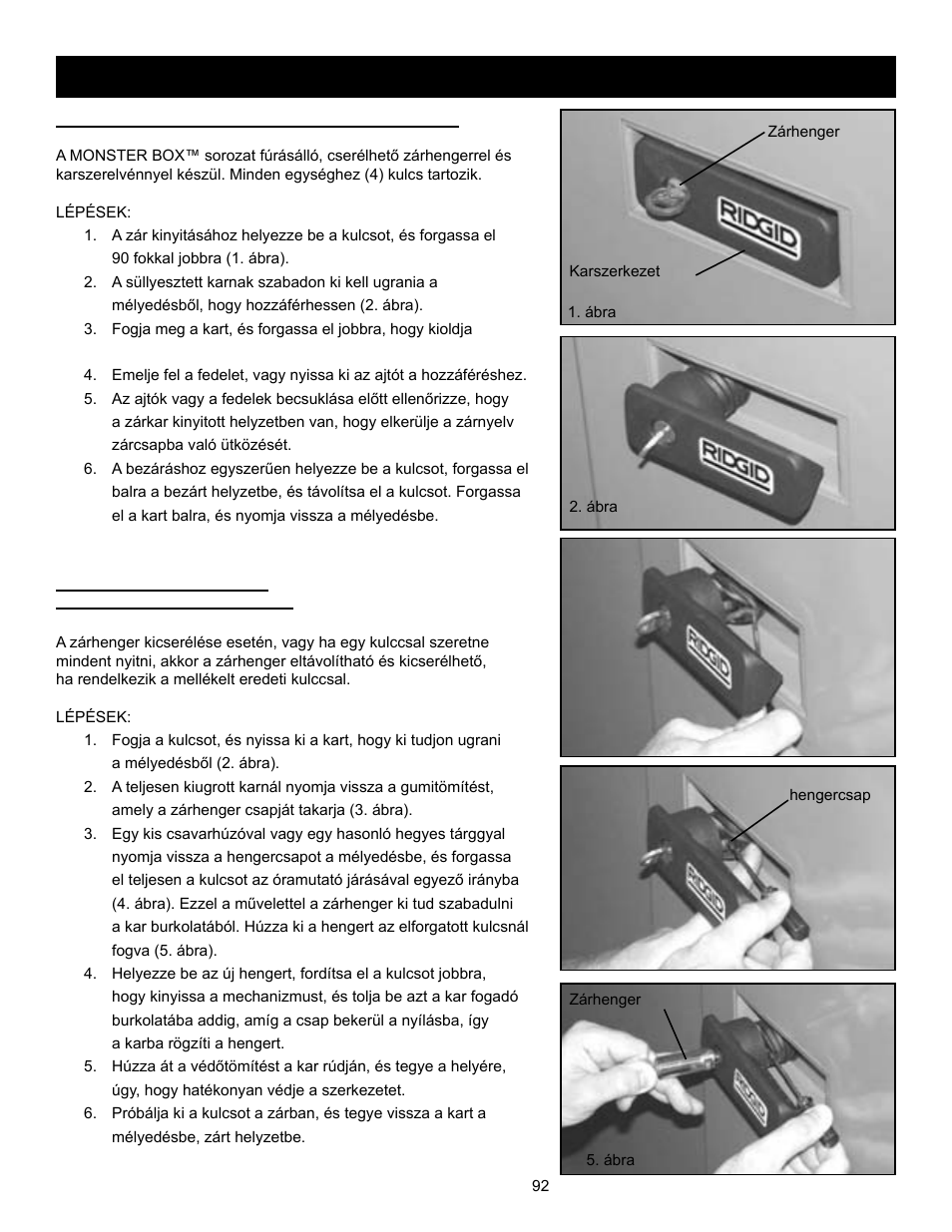 A zárhenger cseréje, A monster box™ lezárása/bezárása, Bezárási utasítások | RIDGID MONSTER BOX User Manual | Page 94 / 124