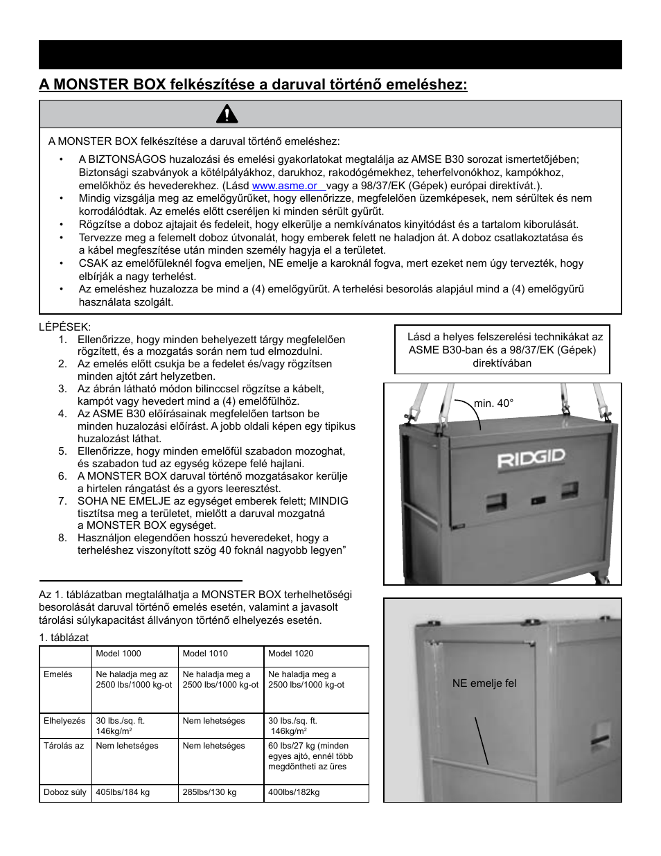 Figyelmeztetés, Ajánlott terhelési besorolás | RIDGID MONSTER BOX User Manual | Page 95 / 124