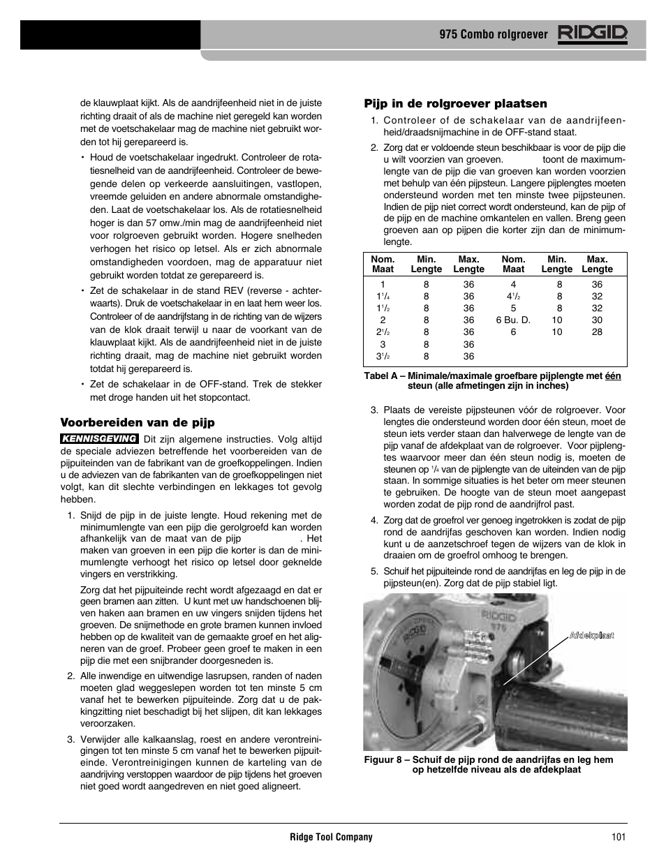 Pijp in de rolgroever plaatsen, Voorbereiden van de pijp, 975 combo rolgroever | RIDGID Combo Roll Groover User Manual | Page 103 / 490