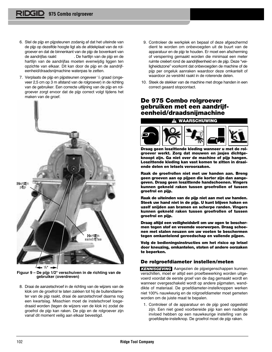 975 combo rolgroever, De rolgroefdiameter instellen/meten | RIDGID Combo Roll Groover User Manual | Page 104 / 490