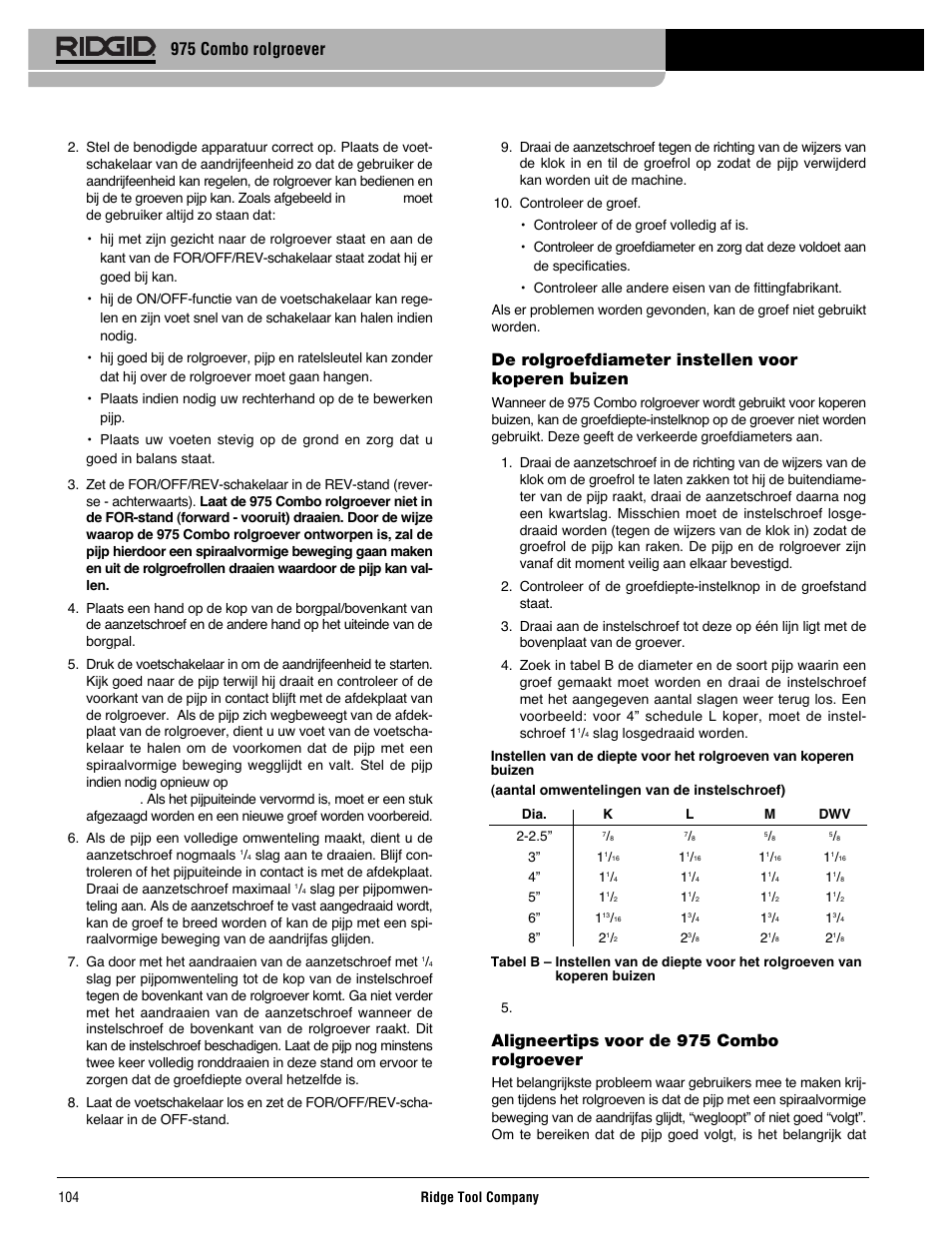 De rolgroefdiameter instellen voor koperen buizen, Aligneertips voor de 975 combo rolgroever, 975 combo rolgroever | RIDGID Combo Roll Groover User Manual | Page 106 / 490