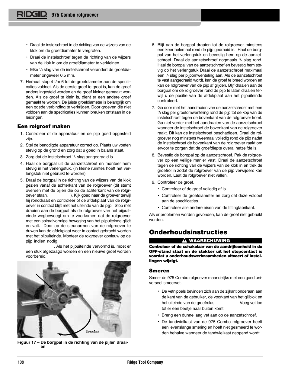 Onderhoudsinstructies, 975 combo rolgroever, Een rolgroef maken | Smeren | RIDGID Combo Roll Groover User Manual | Page 110 / 490