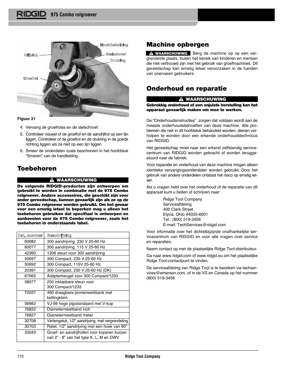 Machine opbergen, Onderhoud en reparatie, Toebehoren | RIDGID Combo Roll Groover User Manual | Page 112 / 490