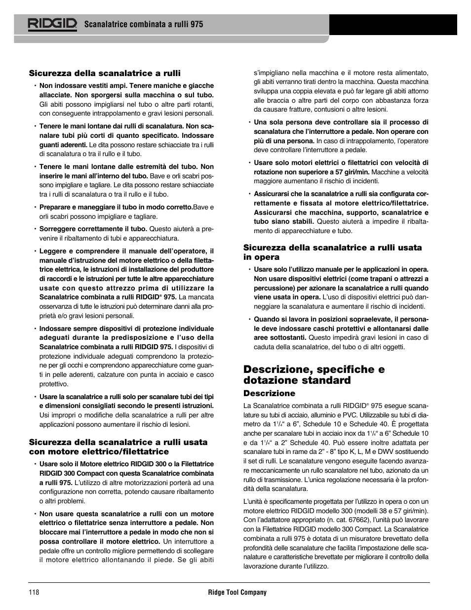 Descrizione, specifiche e dotazione standard | RIDGID Combo Roll Groover User Manual | Page 120 / 490