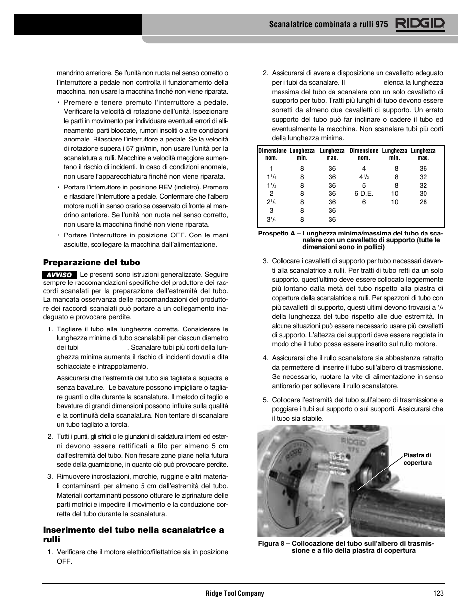 Preparazione del tubo, Inserimento del tubo nella scanalatrice a rulli, Scanalatrice combinata a rulli 975 | RIDGID Combo Roll Groover User Manual | Page 125 / 490