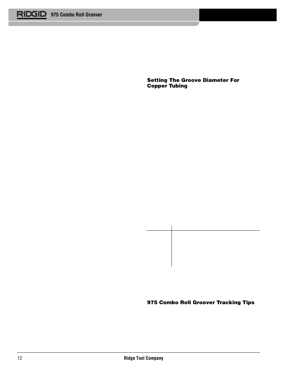 Setting the groove diameter for copper tubing, 975 combo roll groover tracking tips, 975 combo roll groover | RIDGID Combo Roll Groover User Manual | Page 14 / 490