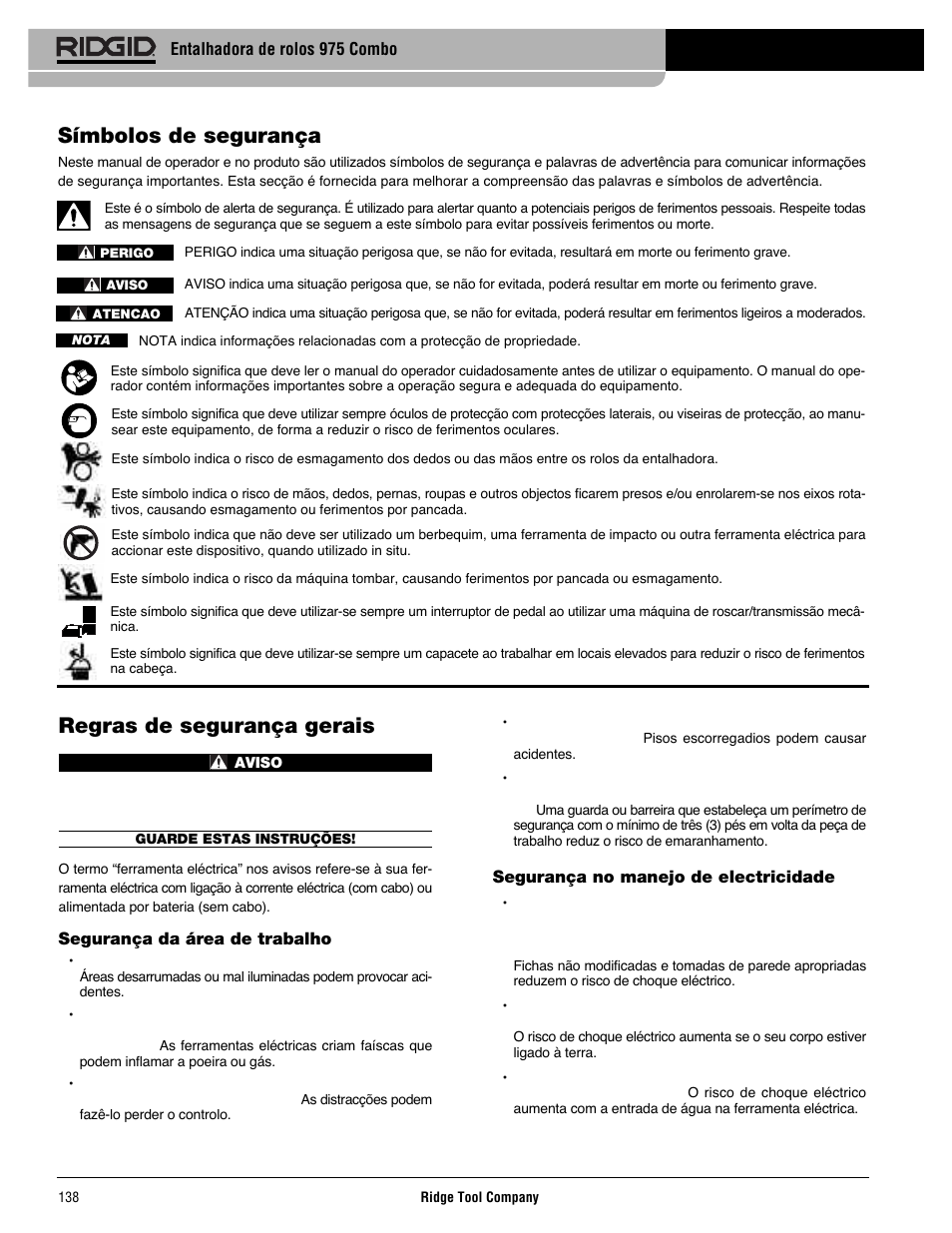 Regras de segurança gerais, Símbolos de segurança | RIDGID Combo Roll Groover User Manual | Page 140 / 490