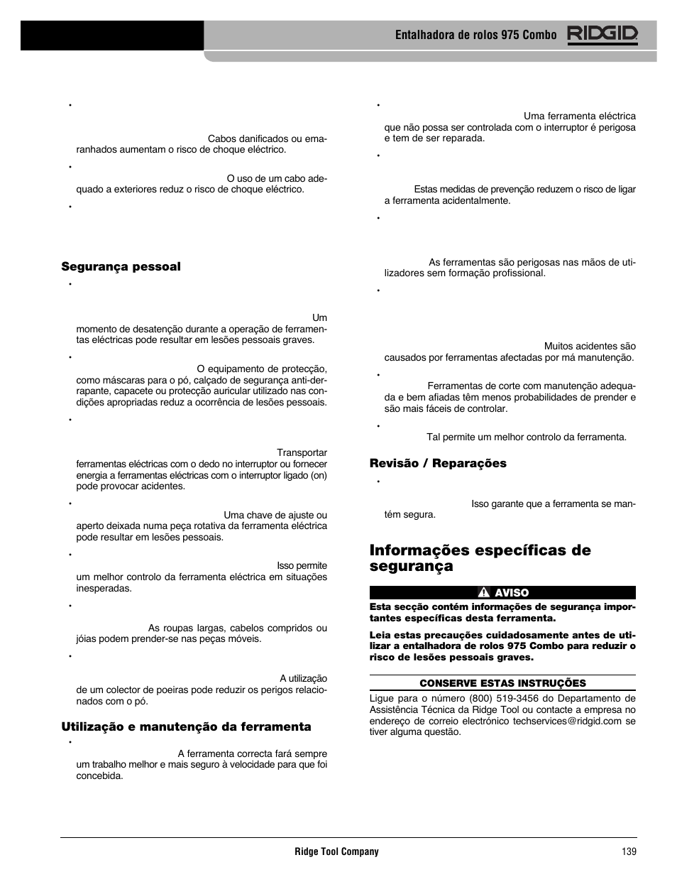 Informações específicas de segurança | RIDGID Combo Roll Groover User Manual | Page 141 / 490