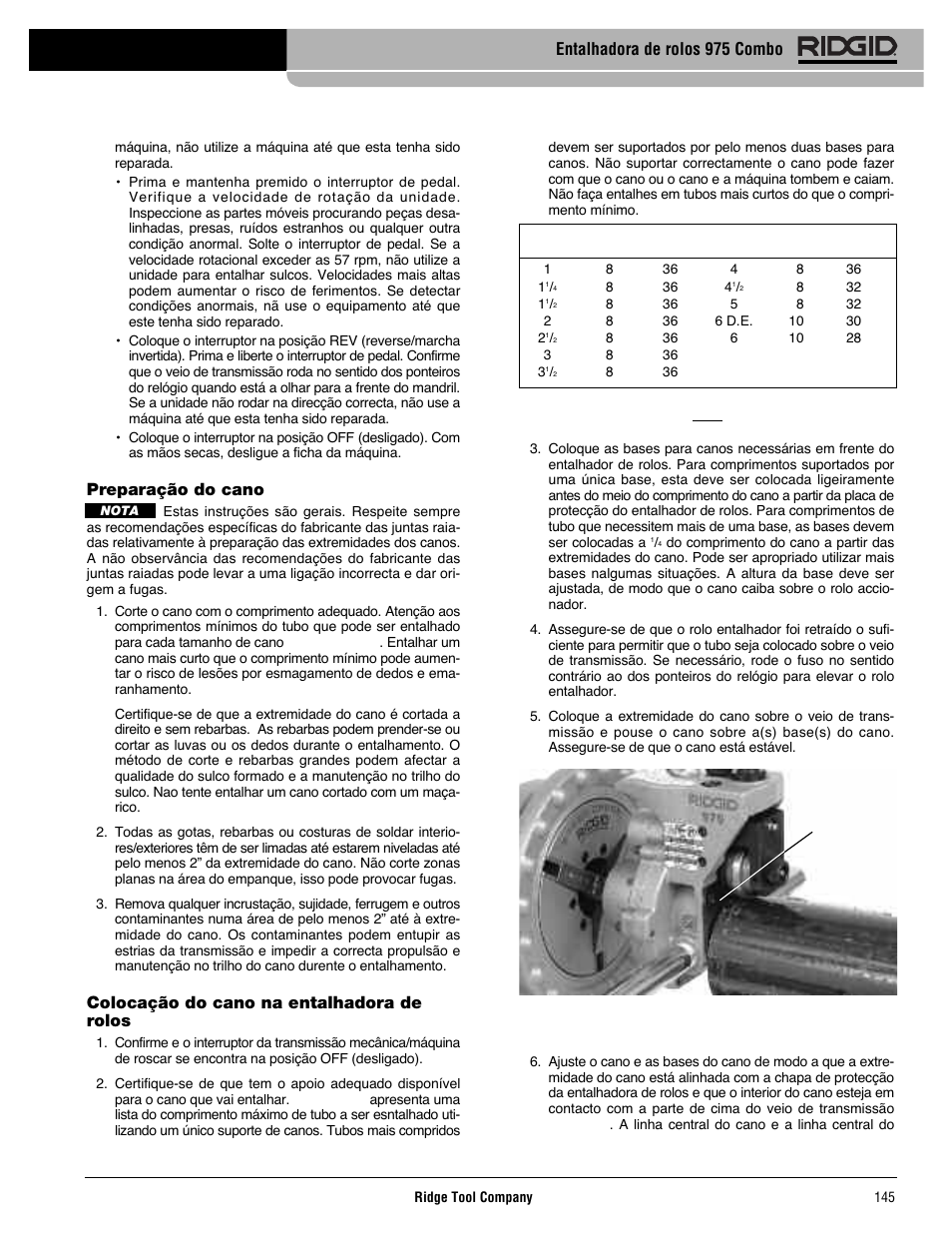 Preparação do cano, Colocação do cano na entalhadora de rolos, Entalhadora de rolos 975 combo | RIDGID Combo Roll Groover User Manual | Page 147 / 490