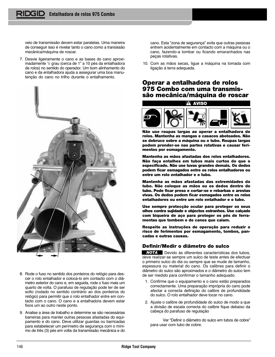 Entalhadora de rolos 975 combo, Definir/medir o diâmetro do sulco | RIDGID Combo Roll Groover User Manual | Page 148 / 490