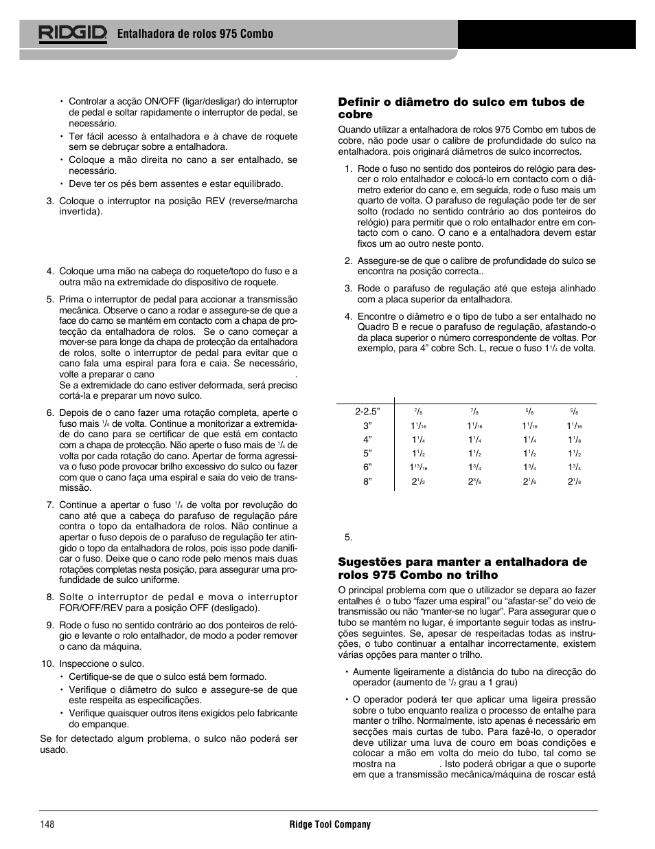 Definir o diâmetro do sulco em tubos de cobre, Entalhadora de rolos 975 combo | RIDGID Combo Roll Groover User Manual | Page 150 / 490