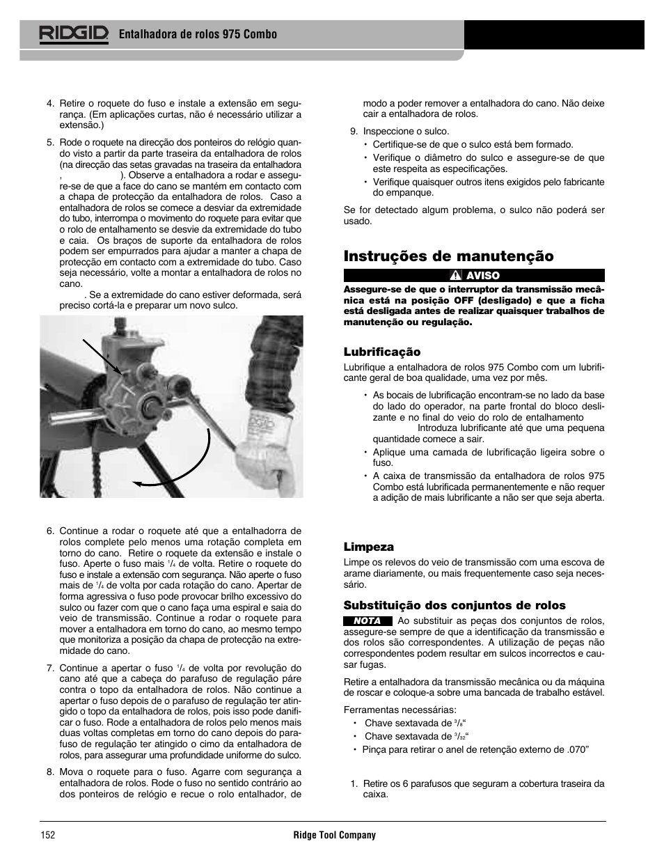 Instruções de manutenção, Entalhadora de rolos 975 combo, Lubrificação | Limpeza, Substituição dos conjuntos derolos | RIDGID Combo Roll Groover User Manual | Page 154 / 490