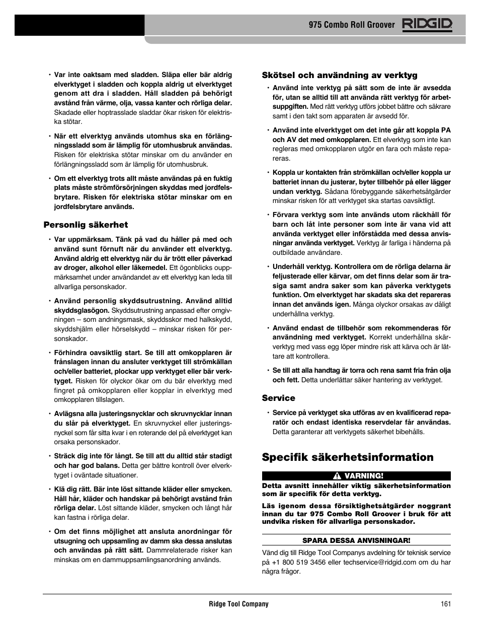 Specifik säkerhetsinformation | RIDGID Combo Roll Groover User Manual | Page 163 / 490