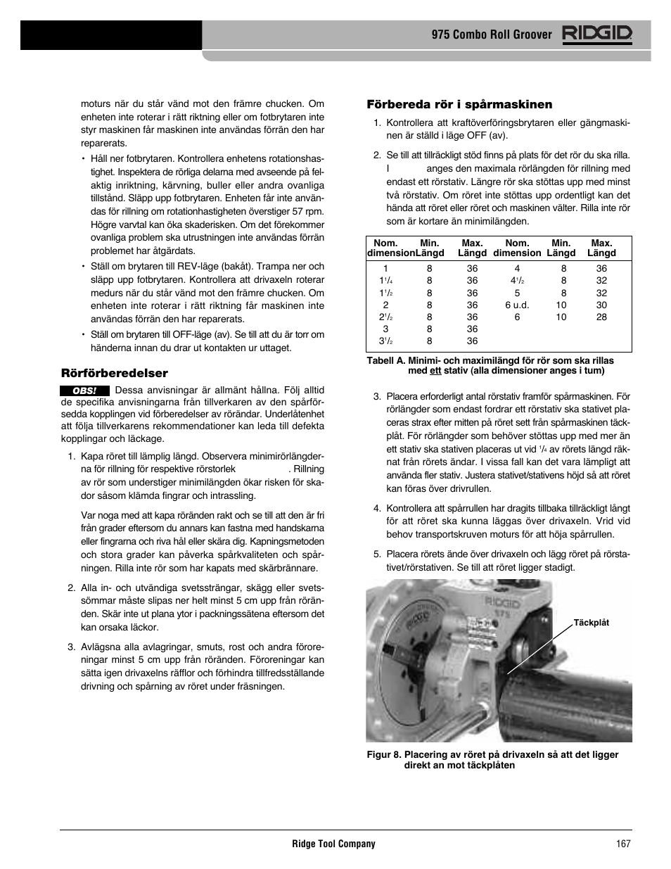 Förbereda rör i spårmaskinen, Rörförberedelser, 975 combo roll groover | RIDGID Combo Roll Groover User Manual | Page 169 / 490