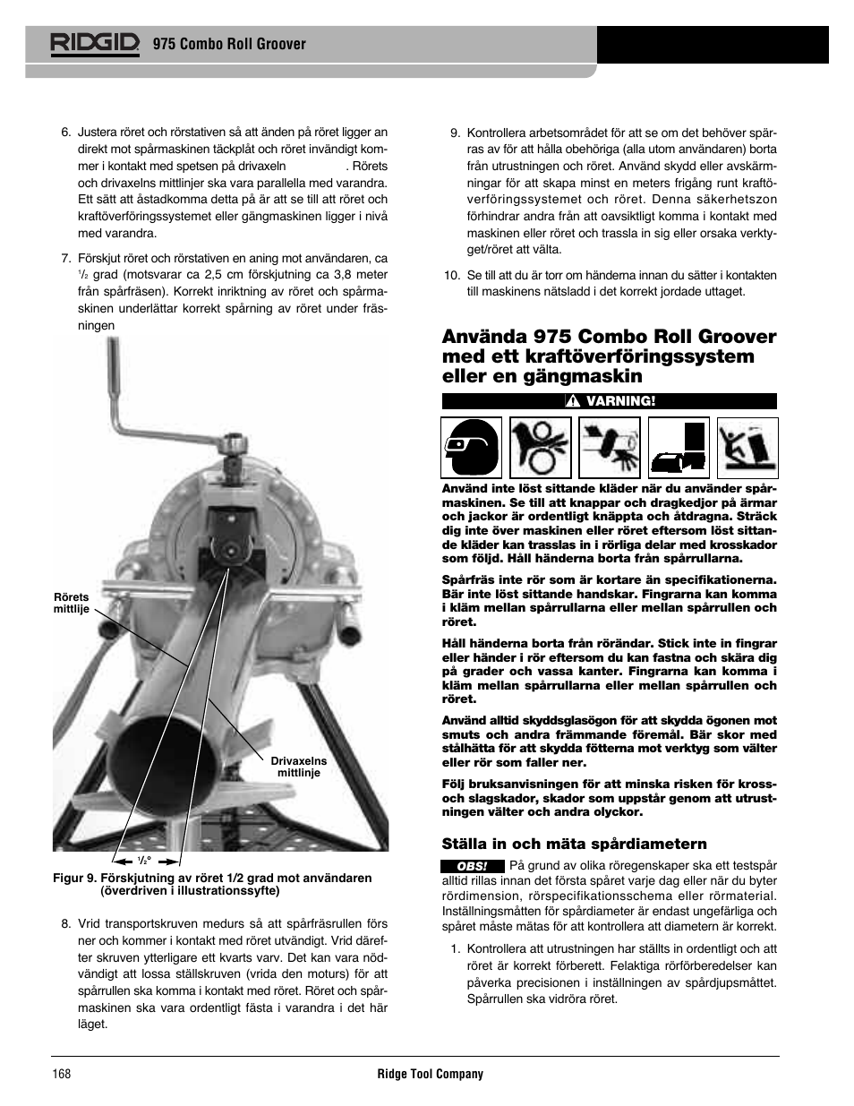 975 combo roll groover, Ställa in och mäta spårdiametern | RIDGID Combo Roll Groover User Manual | Page 170 / 490