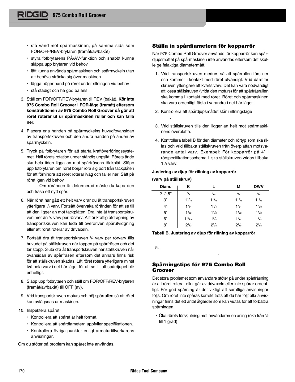 Ställa in spårdiametern för kopparrör, Spårningstips för 975 combo roll groover, 975 combo roll groover | RIDGID Combo Roll Groover User Manual | Page 172 / 490