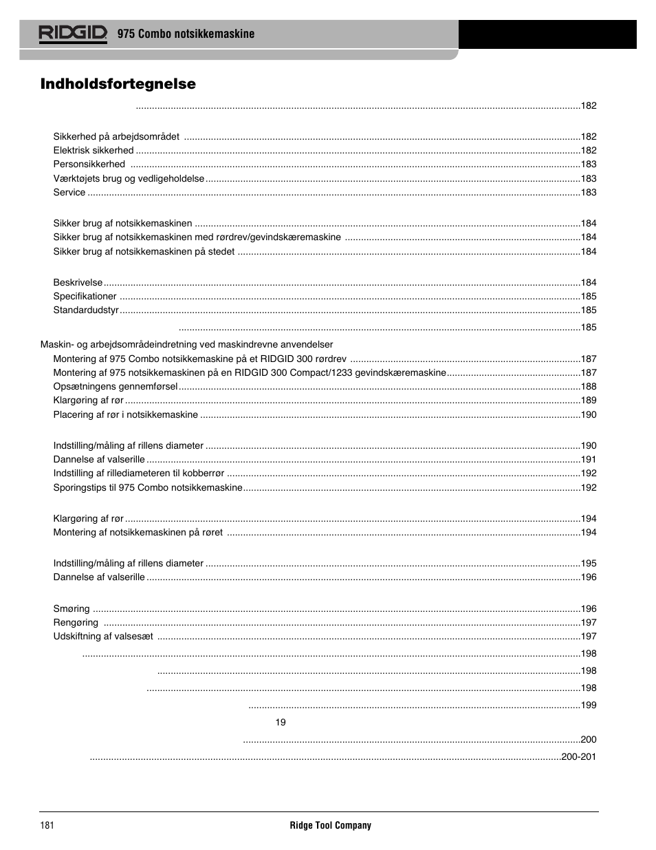 Indholdsfortegnelse | RIDGID Combo Roll Groover User Manual | Page 183 / 490