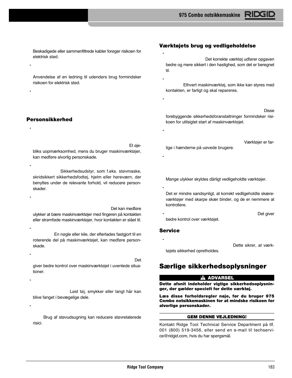 Særlige sikkerhedsoplysninger | RIDGID Combo Roll Groover User Manual | Page 185 / 490